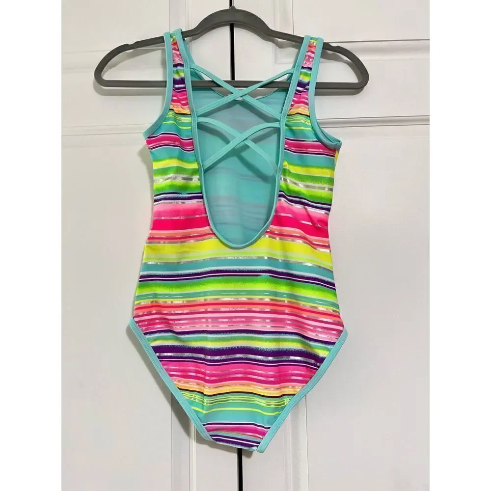 ‎Girls One Piece Swimsuit Shiny Stripes Back Cross-Straps